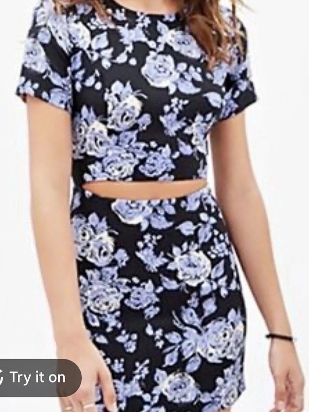 Forever 21 Floral Print Cutout Bodycon Mini Dress Black & Blue Sz. L